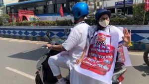 Fuel prices: Mamata Banerjee rides pillion on electric scooter to protest